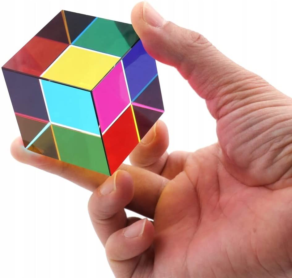 Color Mixing Cube with Display Stand – 2 Inch (50mm) Cyan, Yellow, & Magenta Acrylic Prism Optical Physics Desk Decor – Satisfying Silent Fidget Toy